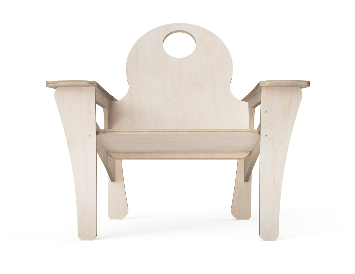 A light natural wood chair with a distinctive arched backrest featuring a circular cutout, shown from the front against a solid white background.