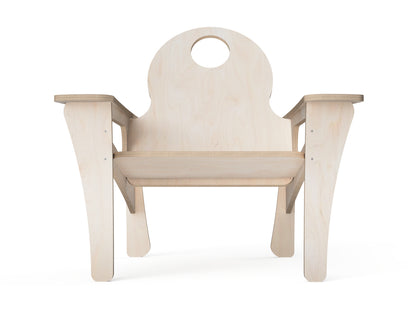 A light natural wood chair with a distinctive arched backrest featuring a circular cutout, shown from the front against a solid white background.