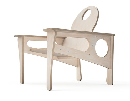 A minimalist light natural wood chair with a sculptural design, featuring circular cutouts in the backrest and side panel, set against a plain white background.