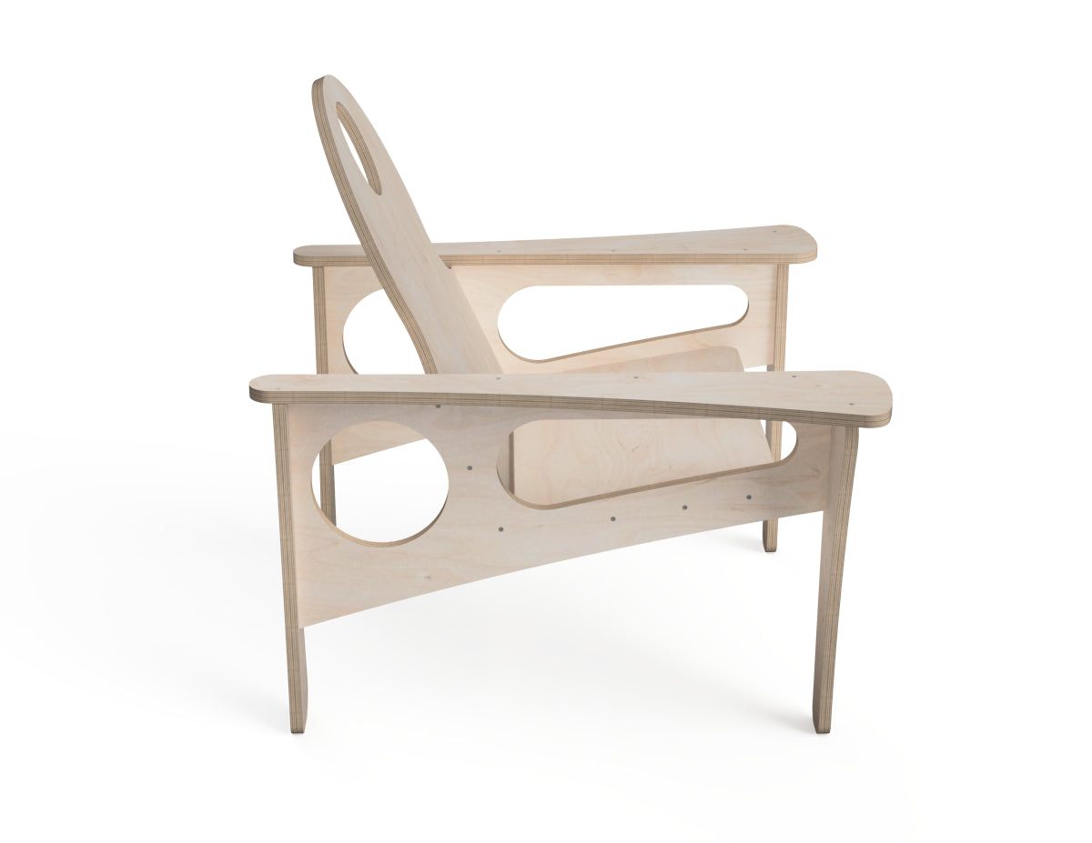 A light natural wood Adirondack-style chair with a curved backrest and cutout details, shown from a three-quarters angle on a white background.