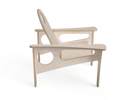 A light natural wood Adirondack-style chair with a curved backrest and cutout details, shown from a three-quarters angle on a white background.