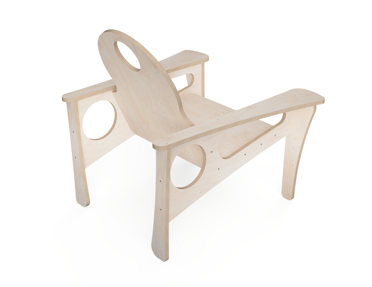 A light natural wood chair with a minimalist design, featuring circular cutouts in the backrest and side panels, shown on a solid white background.