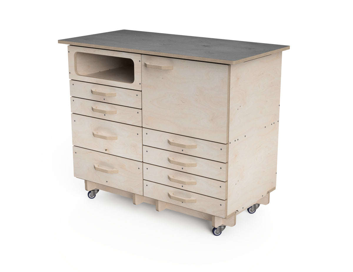 CNC cut rolling cabinet base for two modular cabinets