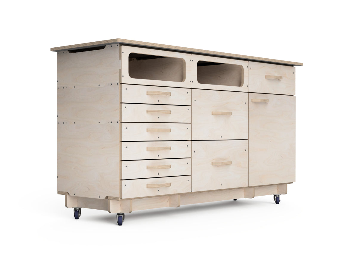 CNC cut rolling cabinet base for three modules