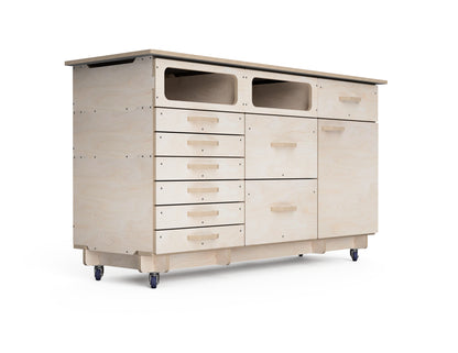 CNC cut rolling cabinet base for three modules