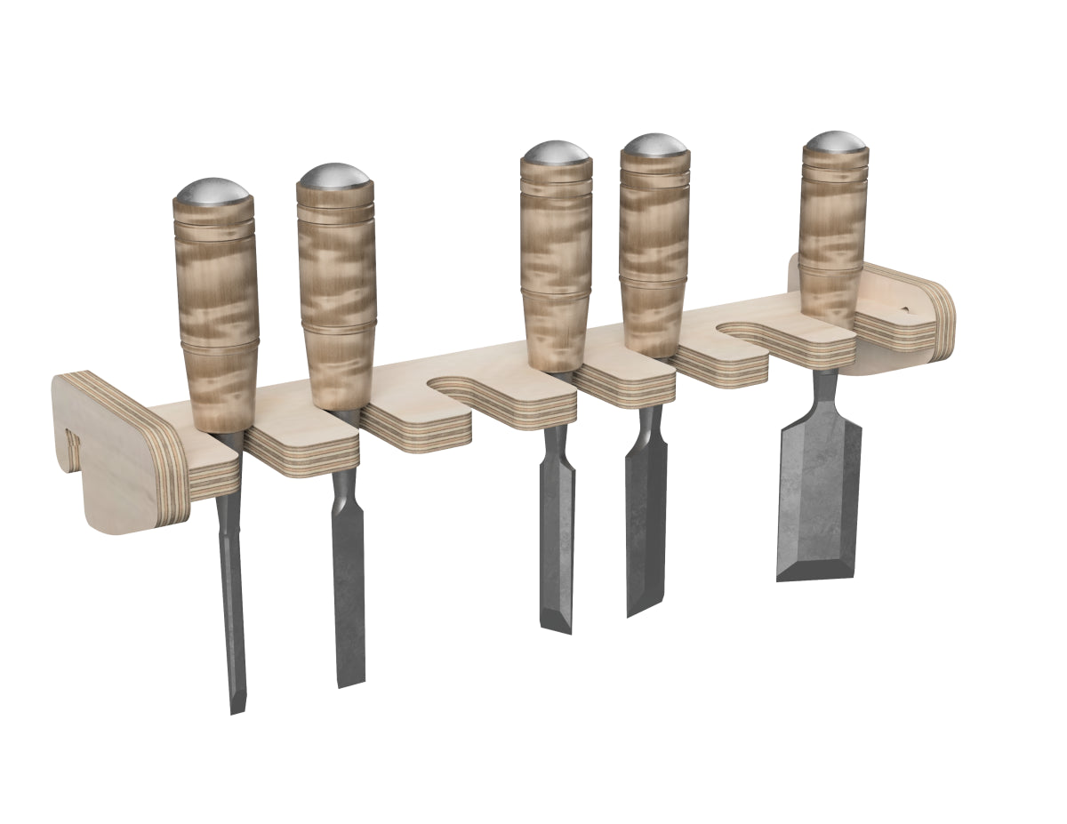 Pegboard Wall For Workshop DXF file rendered from angled view for CNC cutting - French cleat chisel rack attachment