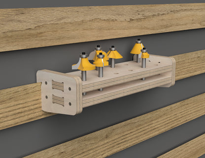 Router Bit Stand - French Cleat Attachment - DXF file rendered from angled view for CNC cutting