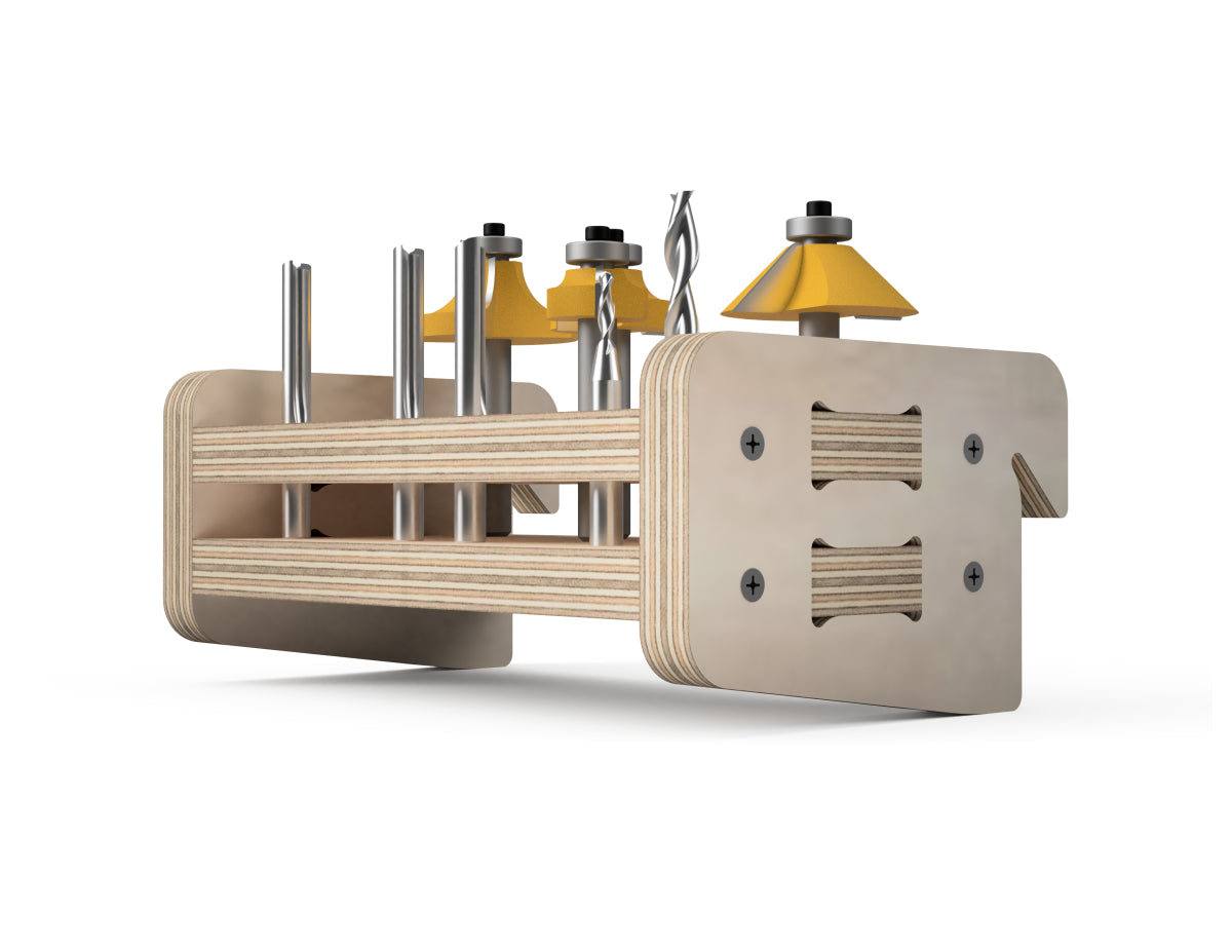 Rendered view of router bit stand - french cleat attachment - layout from DXF file