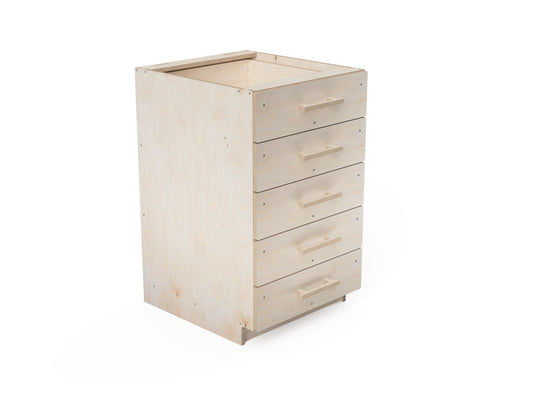 3D rendered image of a 5-drawer workshop cabinet design, CNC-ready DXF files for woodworking projects