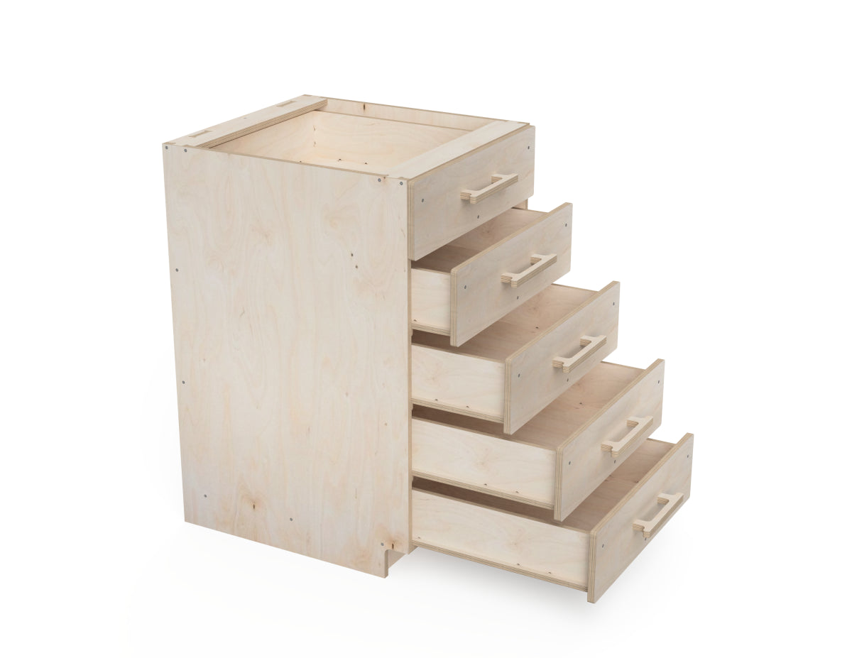 Detailed digital model of a 5-drawer storage cabinet for workshop, downloadable DXF CNC cutting files