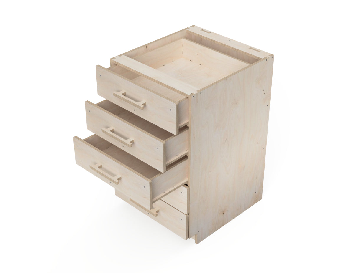 High-quality CAD rendering of a 5-drawer workshop cabinet, perfect CNC DXF files for makers and woodworkers
