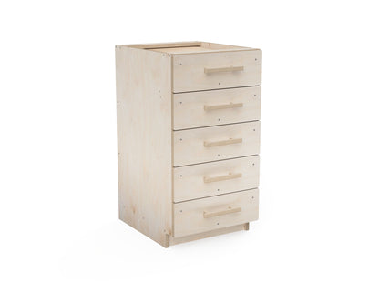 3D rendered image of a 5-drawer workshop cabinet design, CNC-ready DXF files for woodworking projects