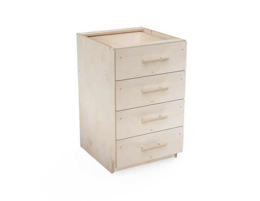 Rendered 3D model of 4-drawer workshop cabinet made from plywood, designed for CNC cutting with downloadable DXF files
