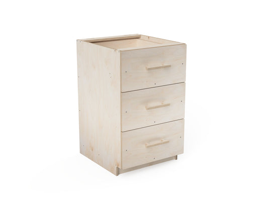 Rendered image of CNC-cut 3-drawer workshop cabinet made from plywood – ideal for makers looking for downloadable DXF files for shop storage projects