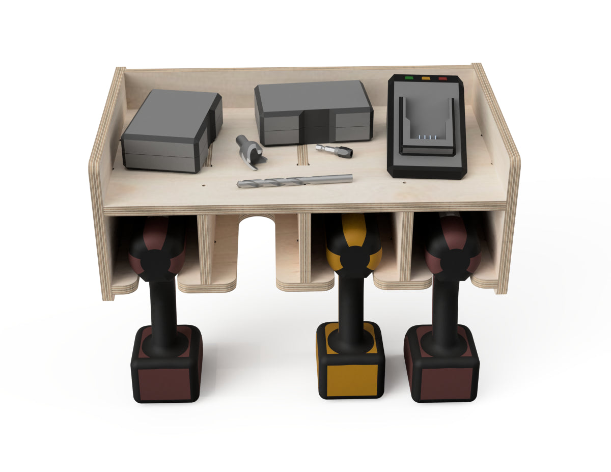 Rendered view of single shelf drill stands - french cleat attachment - layout from DXF file