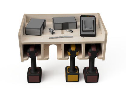 Rendered view of single shelf drill stands - french cleat attachment - layout from DXF file