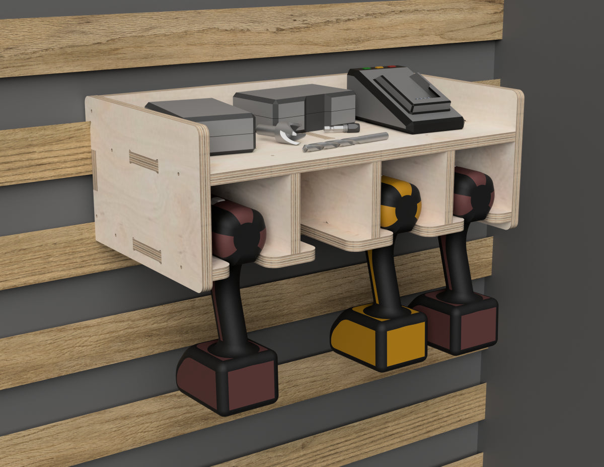 Single Shelf Drill Stands - French Cleat Attachment - DXF file rendered from angled view for CNC cutting