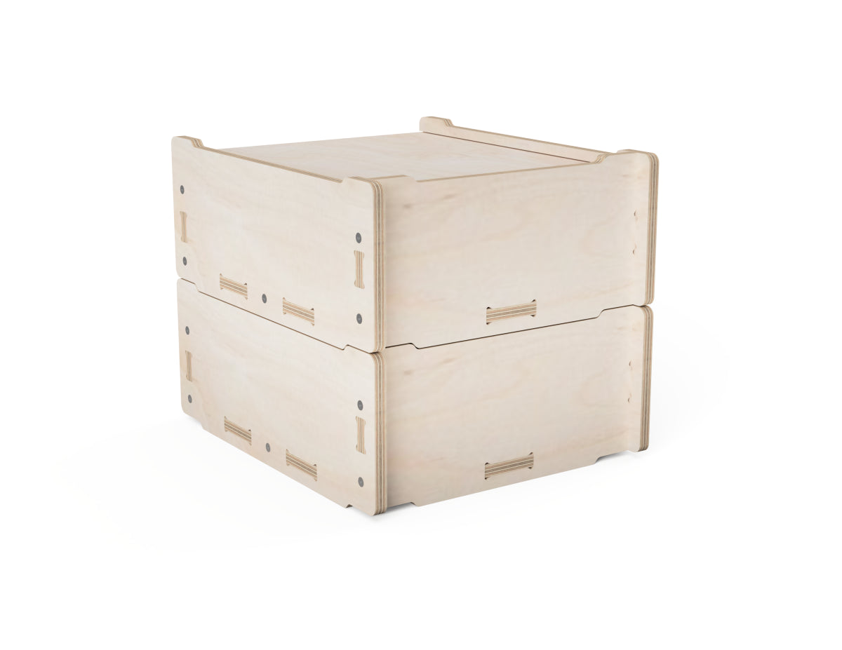 Stackable plywood boxes designed for workshop storage