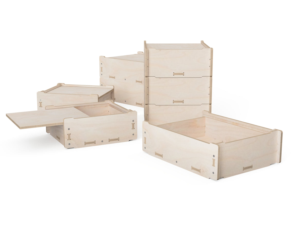 Stackable plywood boxes designed for workshop storage