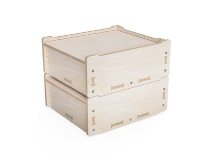 Storage boxes securely stacked using interlocking cutouts