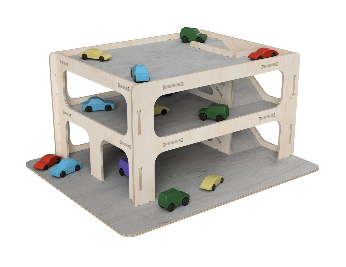 Toy Car Garage DXF file rendered from angled view for CNC cutting