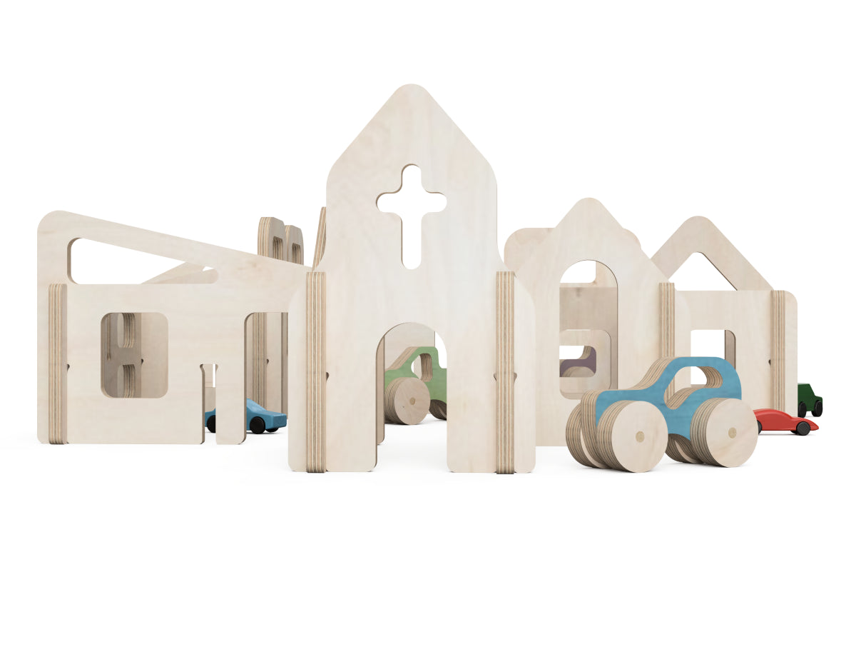 Toy City DXF file rendered from angled view for CNC cutting