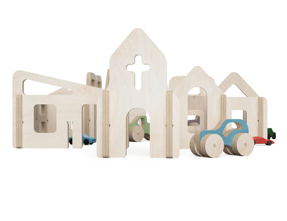Toy City DXF file rendered from angled view for CNC cutting