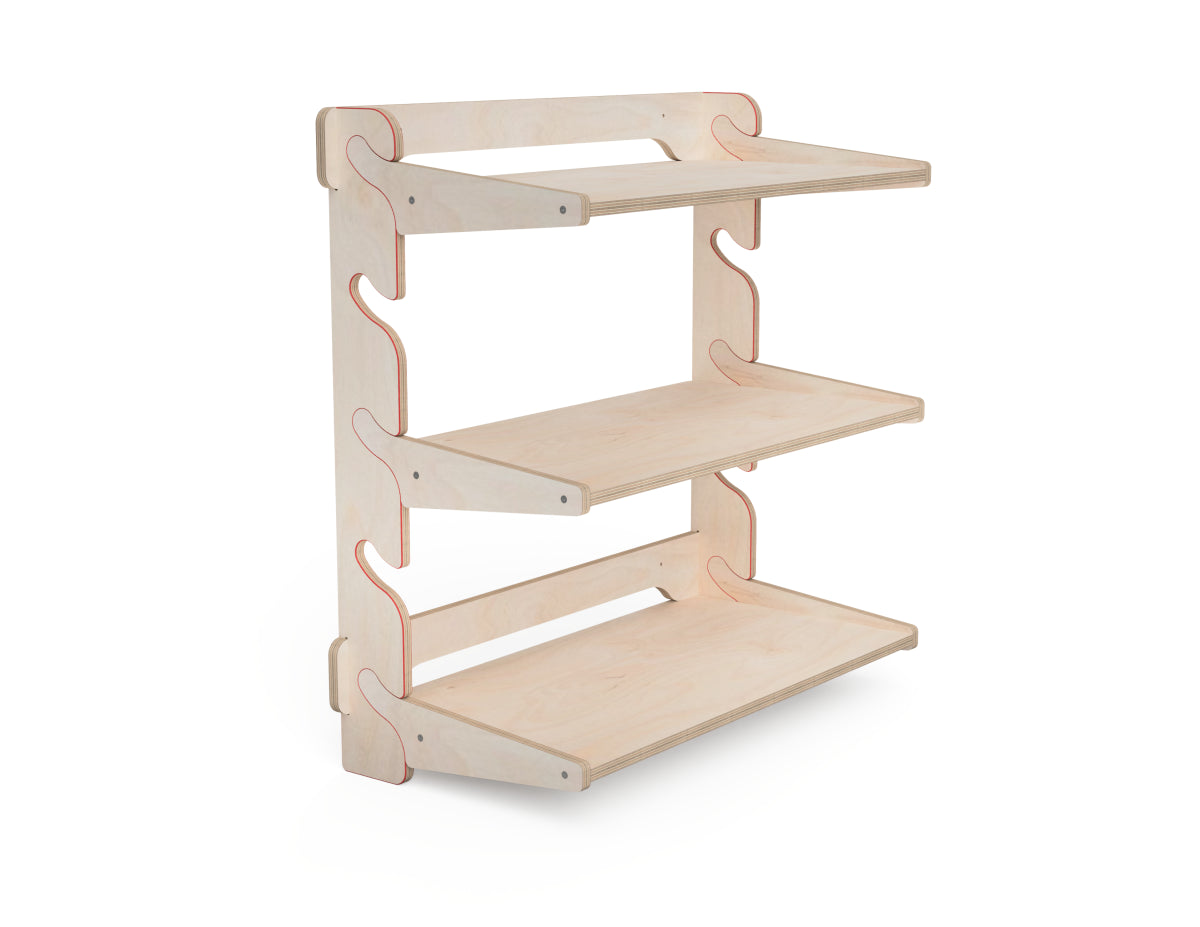 Plywood wall shelving system with multiple shelf slots