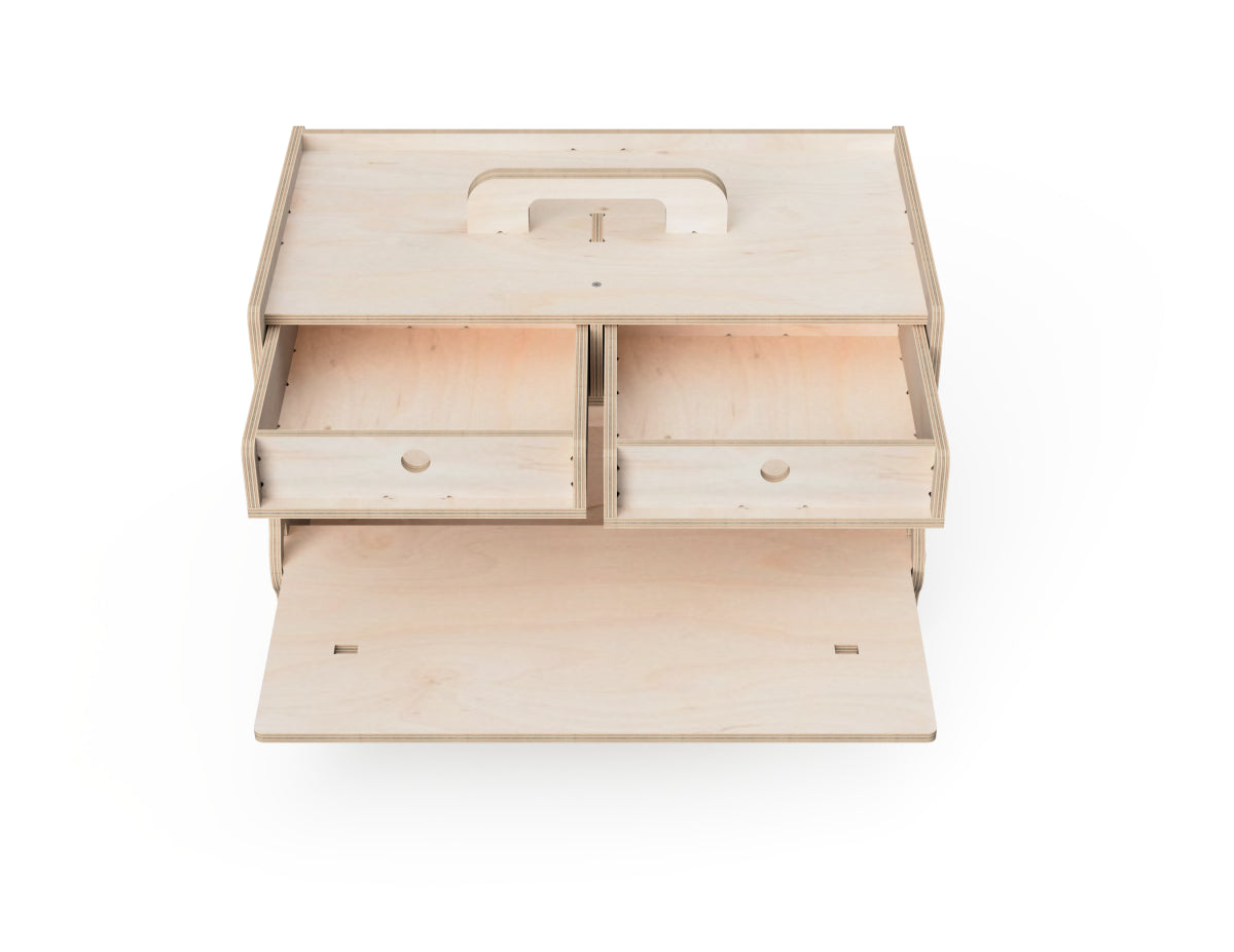 Top-down render of Woodworker Toolbox showcasing storage layout