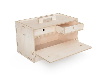 Render of plywood toolbox with drawers partially opened – CNC woodworking project