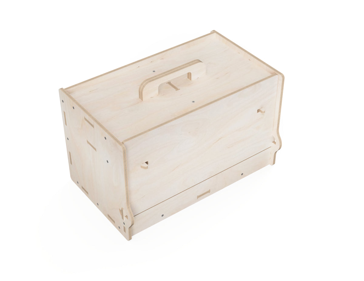CNC-cut plywood toolbox with clip-tenon joints – angled render